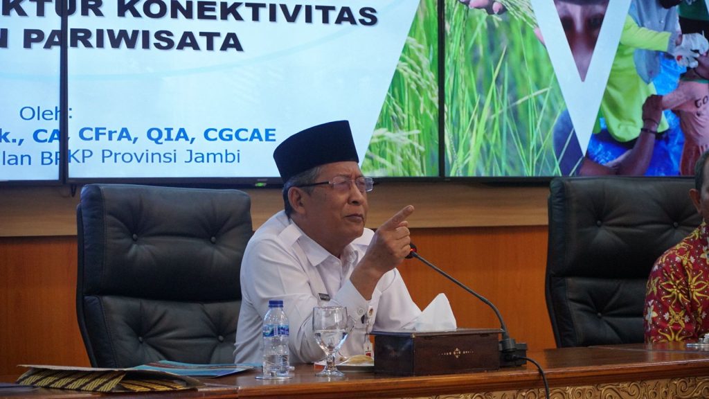 Wakil Gubernur Jambi, Drs. H. Abdullah Sani, M.Pd.I., memimpin rapat Entry Meeting Program Pengawasan Stunting, Pengentasan Kemiskinan dan Sektor UMKM Provinsi Jambi. (Gambar: Patra)